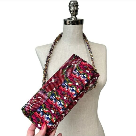 Boho Embroidered Rose Clutch Bag with Rainbow Belt Chain Strap - Picture 2 of 11